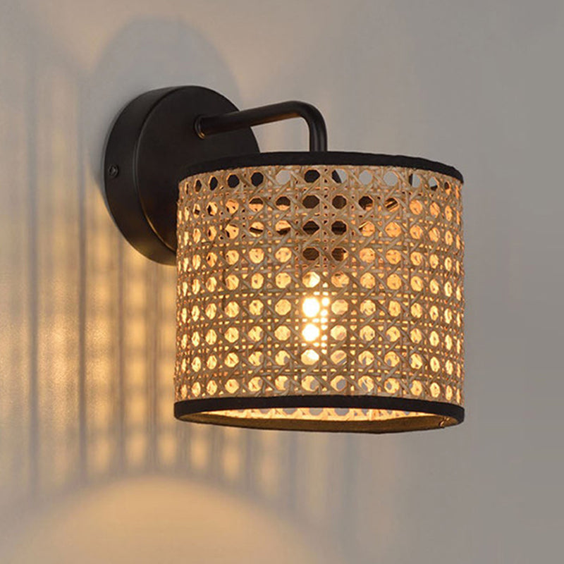 Rattan Cylinder Shape Wall Sconce Modern Style 1 Light Wall Light Sconce in Black