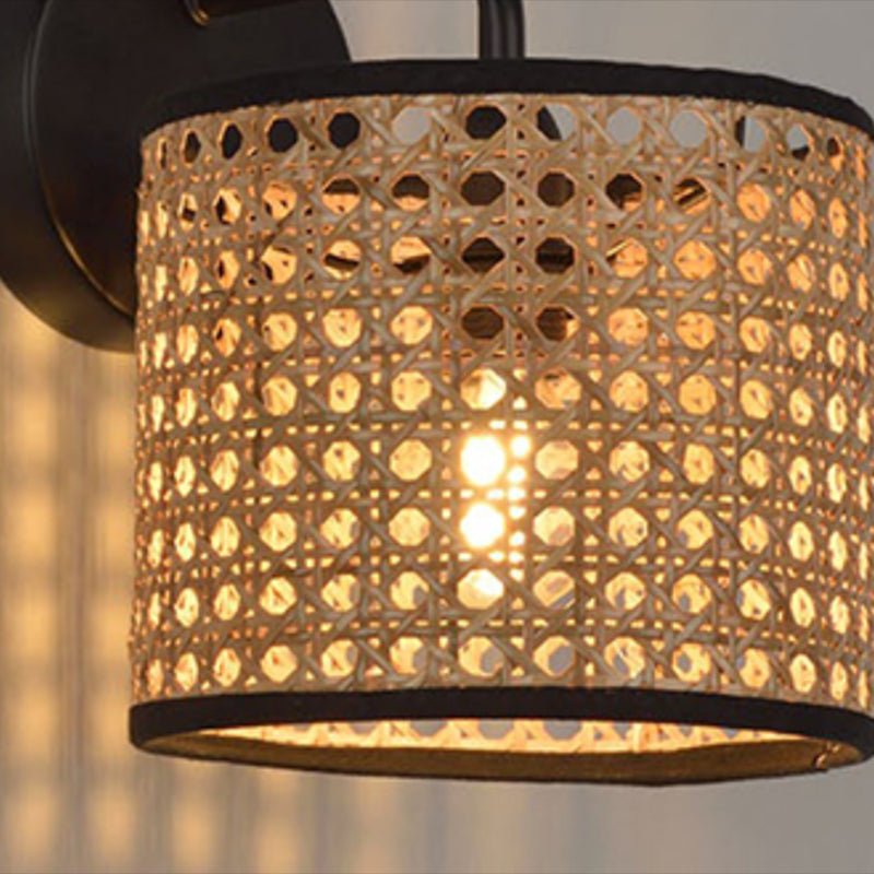 Rattan Cylinder Shape Wall Sconce Modern Style 1 Light Wall Light Sconce in Black