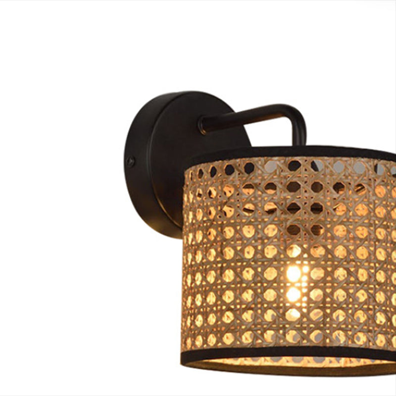Rattan Cylinder Shape Wall Sconce Modern Style 1 Light Wall Light Sconce in Black