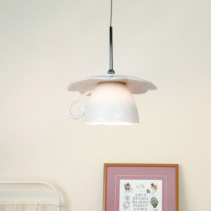 1-Light Restaurant Suspension Light Nordic White LED Ceiling Hang Fixture with Coffee Cup Ceramics Shade