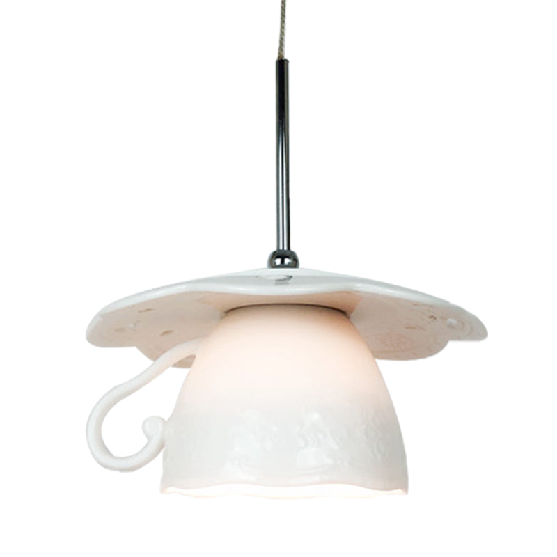 1-Light Restaurant Suspension Light Nordic White LED Ceiling Hang Fixture with Coffee Cup Ceramics Shade