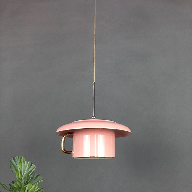 Macaron Coffee-Cup-vorm Down Lighting Ceramics 1 Bulb woonkamer LED-suspensielamp in wit/roze/grijs