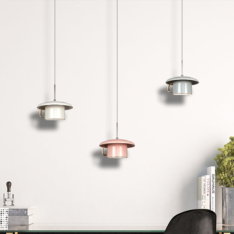 Macaron Coffee-Cup-vorm Down Lighting Ceramics 1 Bulb woonkamer LED-suspensielamp in wit/roze/grijs