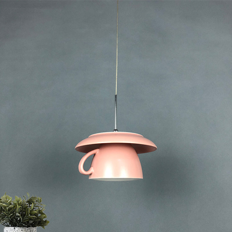 1-Light Restaurant Hanging Lighting Macaron Pink/Grey/Green LED Drop Pendant Lamp with Coffee Cup Ceramics Shade