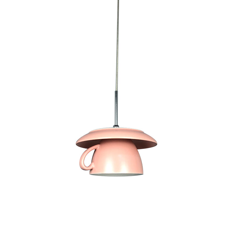 1-Light Restaurant Hanging Lighting Macaron Pink/Grey/Green LED Drop Pendant Lamp with Coffee Cup Ceramics Shade