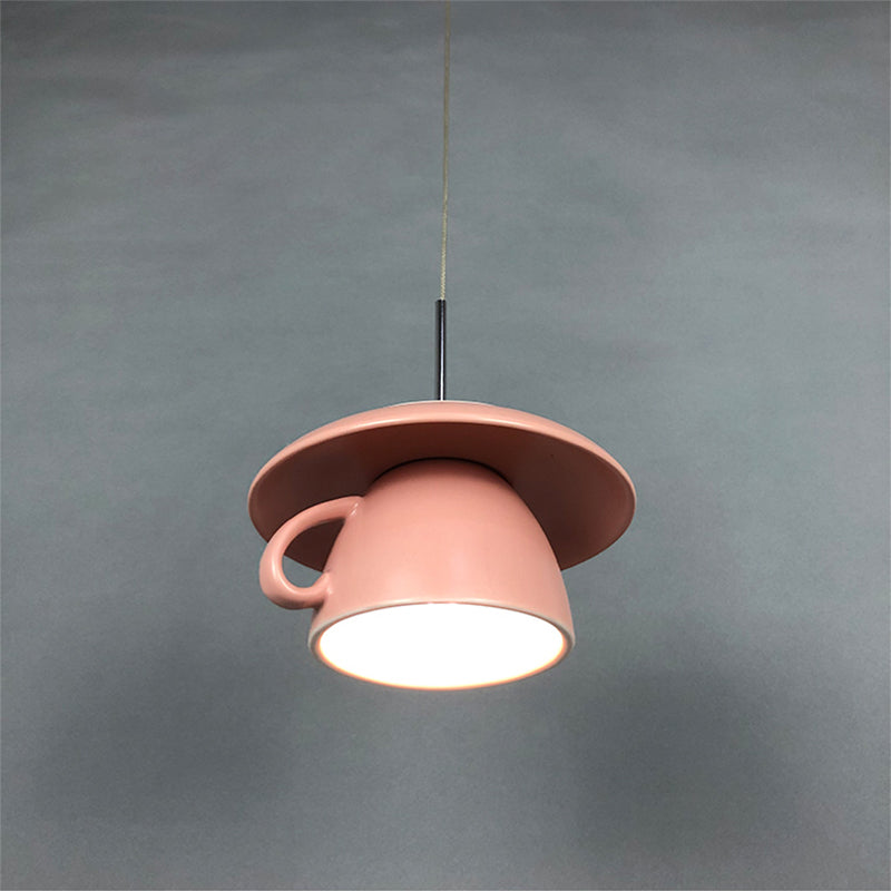 1-Light Restaurant Hanging Lighting Macaron Pink/Grey/Green LED Drop Pendant Lamp with Coffee Cup Ceramics Shade
