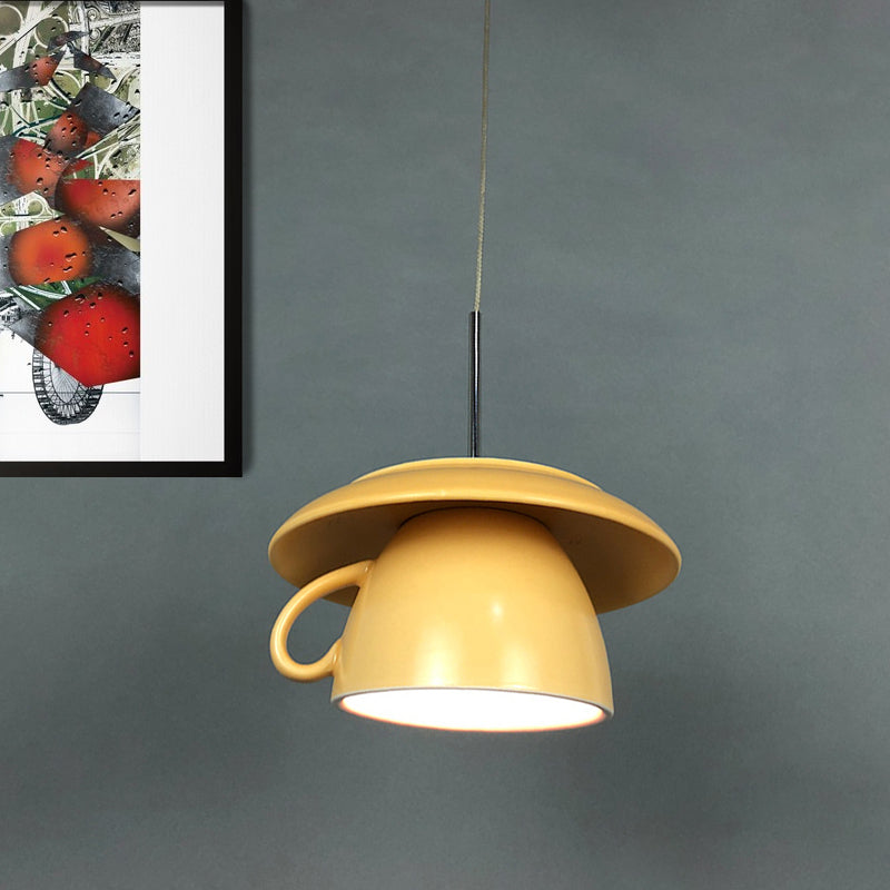 1-Light Restaurant Hanging Lighting Macaron Pink/Grey/Green LED Drop Pendant Lamp with Coffee Cup Ceramics Shade