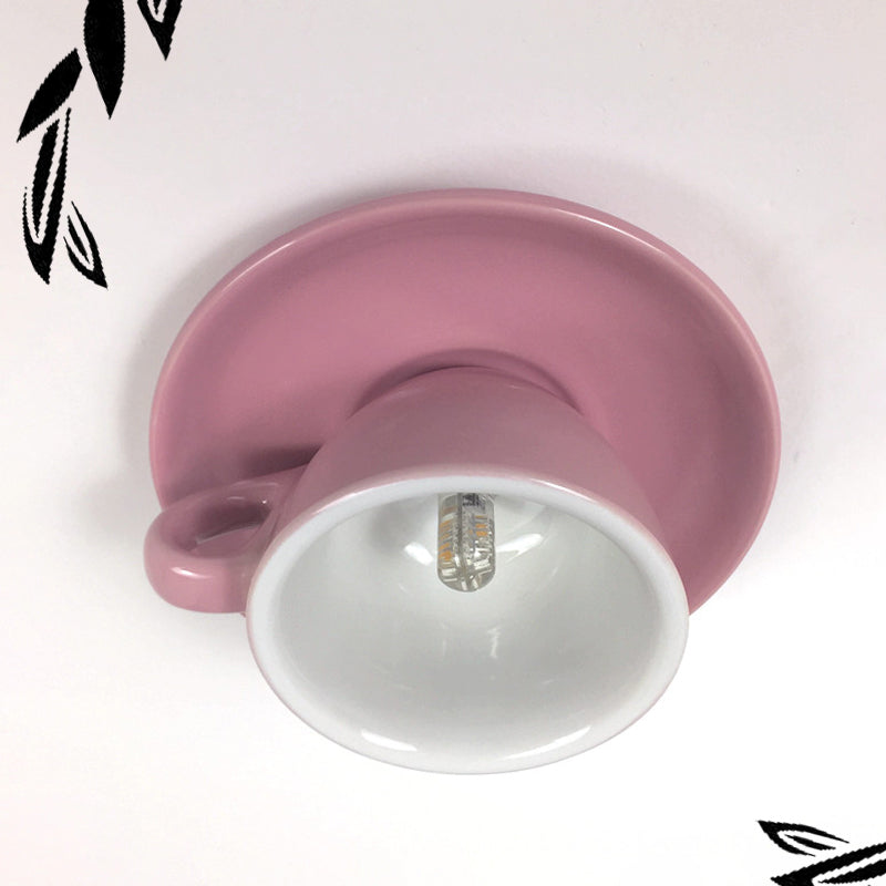 Coffee Cup Ceramics Flush Ceiling Lighting Macaron 1 Light Pink/Blue/Yellow Finish LED Flush Mounted Lamp