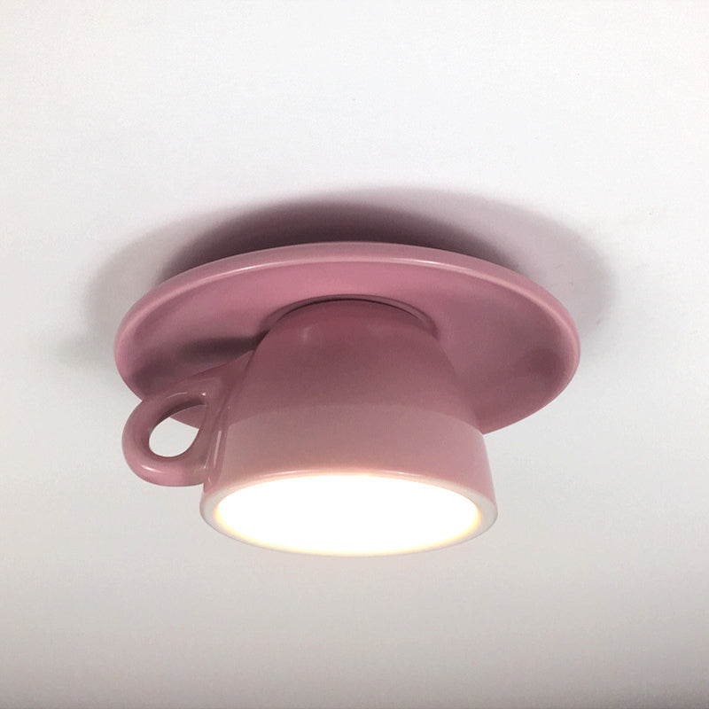 Coffee Cup Ceramics Flush Ceiling Lighting Macaron 1 Light Pink/Blue/Yellow Finish LED Flush Mounted Lamp