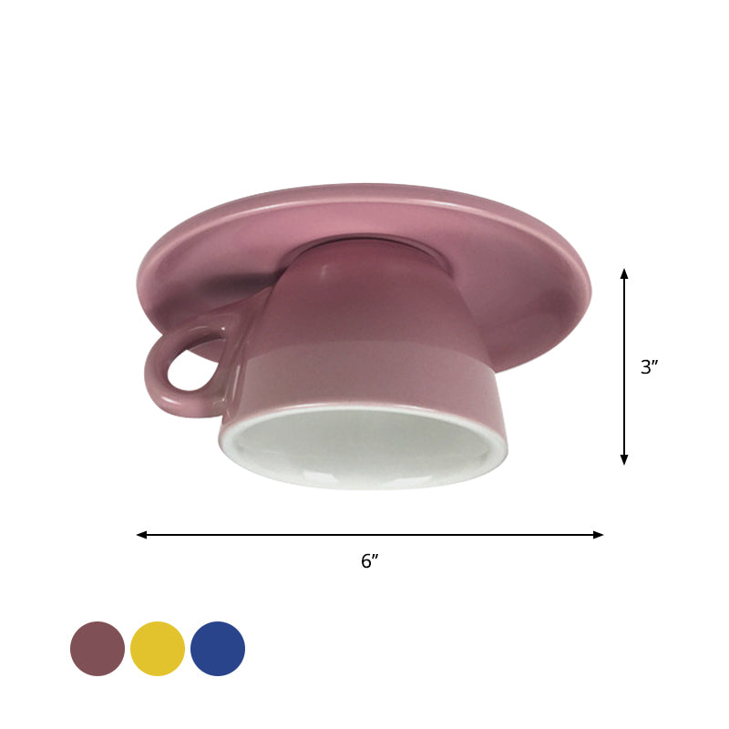 Coffee Cup Ceramics Flush Ceiling Lighting Macaron 1 Light Pink/Blue/Yellow Finish LED Flush Mounted Lamp