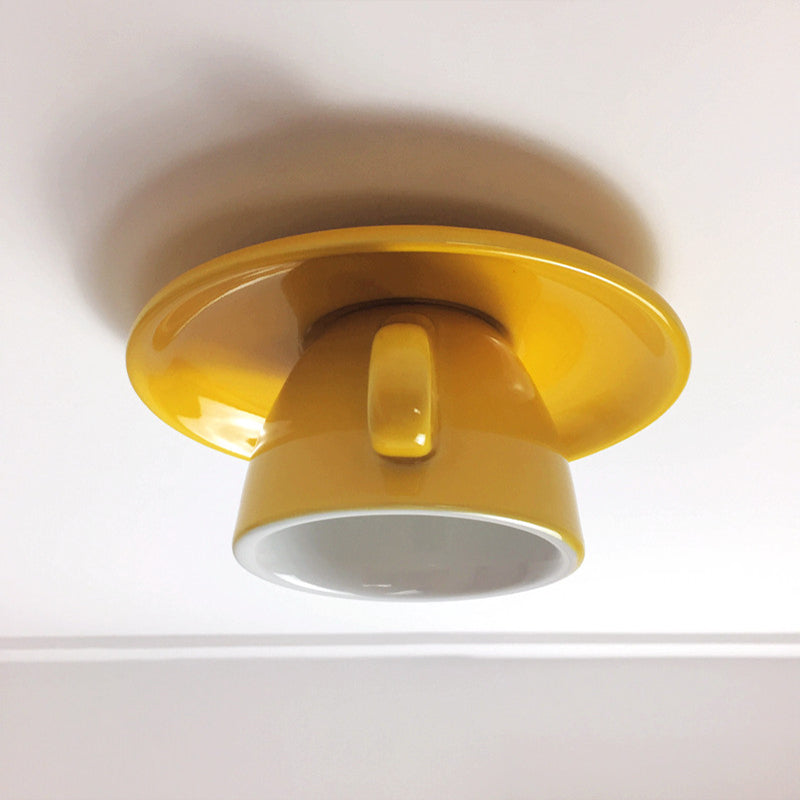 Coffee Cup Ceramics Flush Ceiling Lighting Macaron 1 Light Pink/Blue/Yellow Finish LED Flush Mounted Lamp