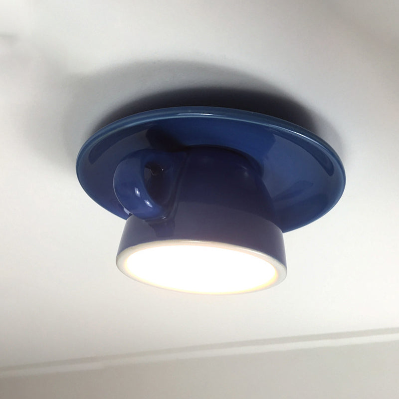 Coffee Cup Ceramics Flush Ceiling Lighting Macaron 1 Light Pink/Blue/Yellow Finish LED Flush Mounted Lamp