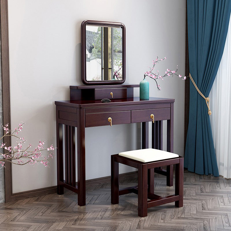 Traditional Mirrored Vanity Set Solid Wood Dressing Table with Stool in Brown