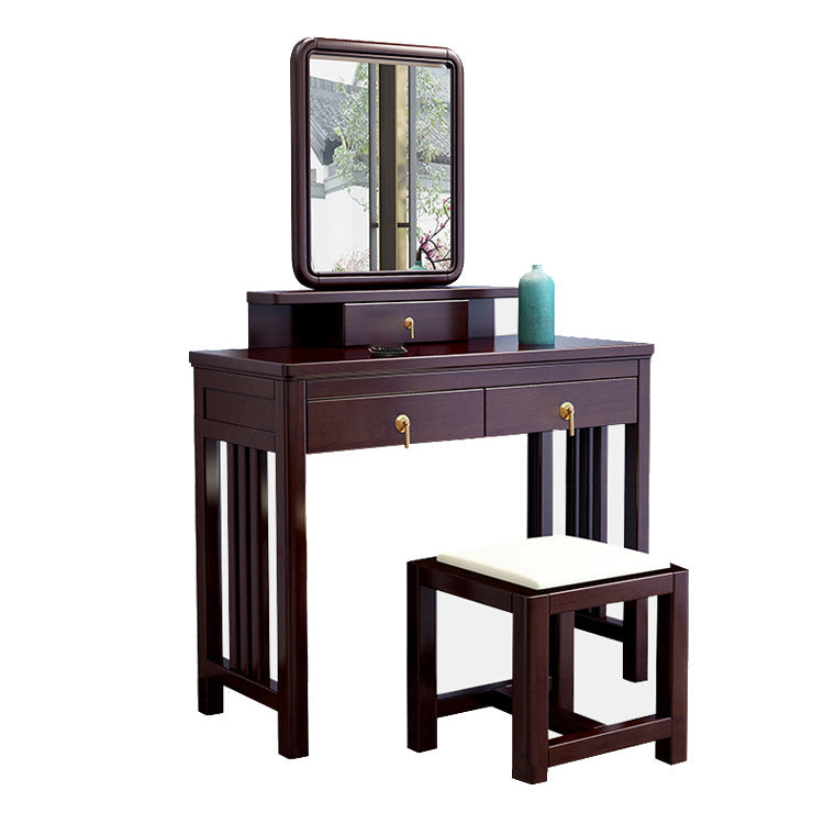 Traditional Mirrored Vanity Set Solid Wood Dressing Table with Stool in Brown