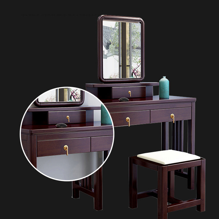 Traditional Mirrored Vanity Set Solid Wood Dressing Table with Stool in Brown