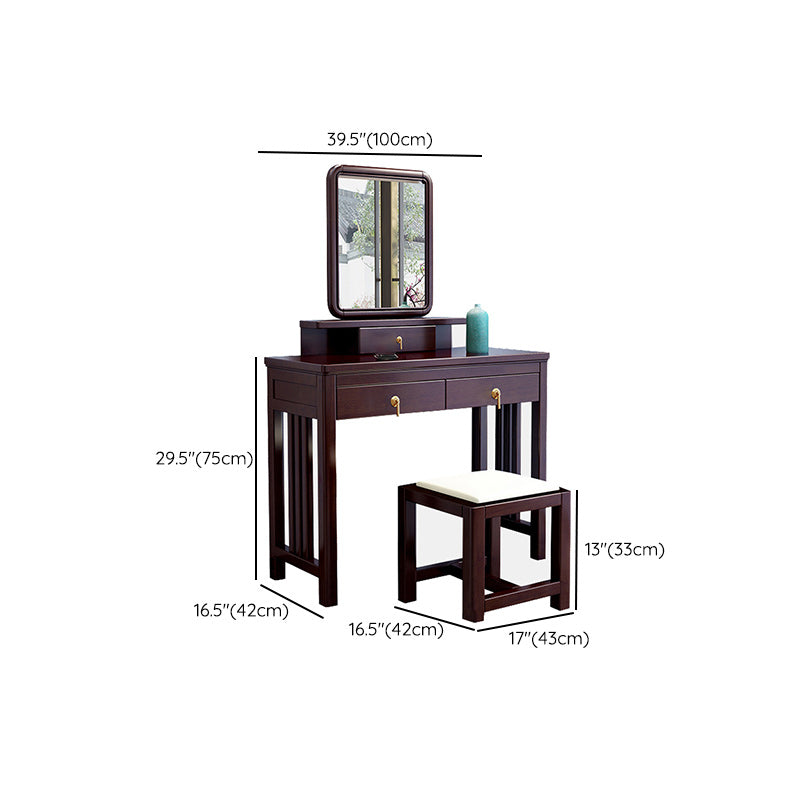 Traditional Mirrored Vanity Set Solid Wood Dressing Table with Stool in Brown