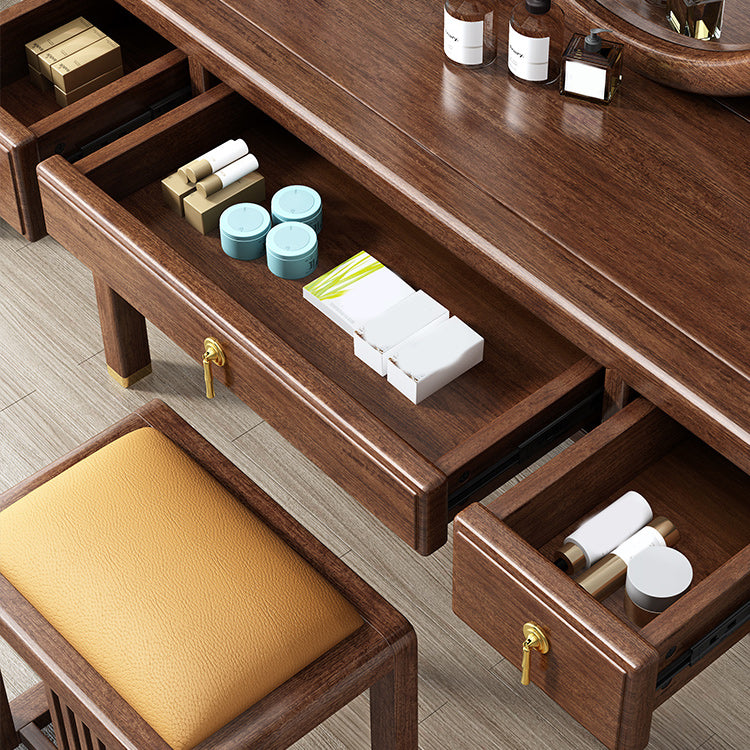 Traditional 3 Drawers Walnut Wood Mirrored Makeup Table Desk Vanity in Brown