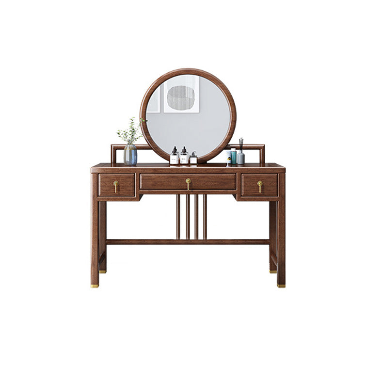 Traditional 3 Drawers Walnut Wood Mirrored Makeup Table Desk Vanity in Brown
