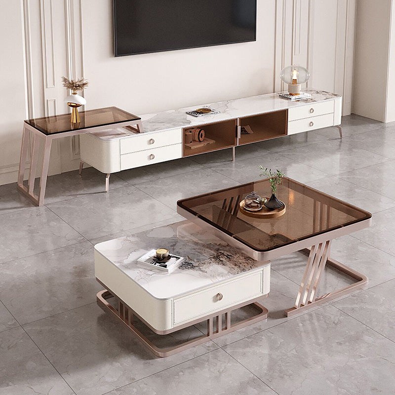 2 Nesting Coffee Table Set Slate & Glass Top Square Cocktail Table with Drawers