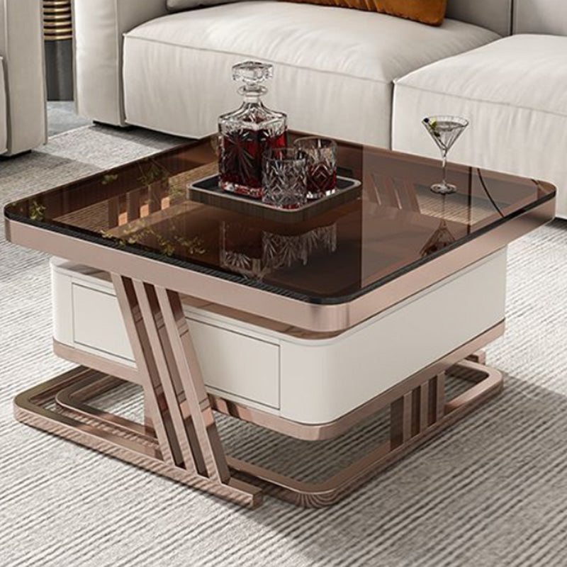 2 Nesting Coffee Table Set Slate & Glass Top Square Cocktail Table with Drawers