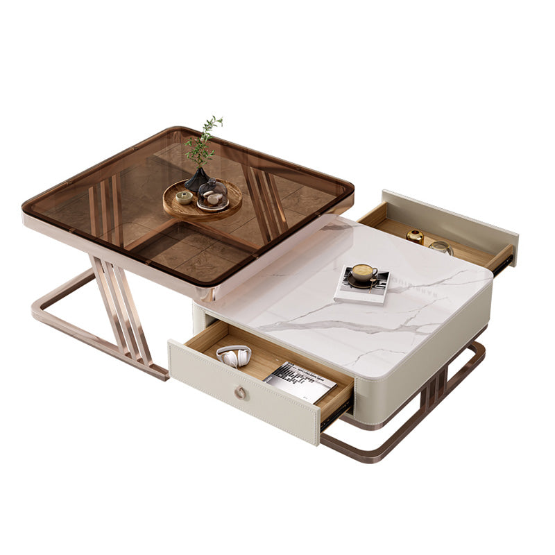 2 Nesting Coffee Table Set Slate & Glass Top Square Cocktail Table with Drawers