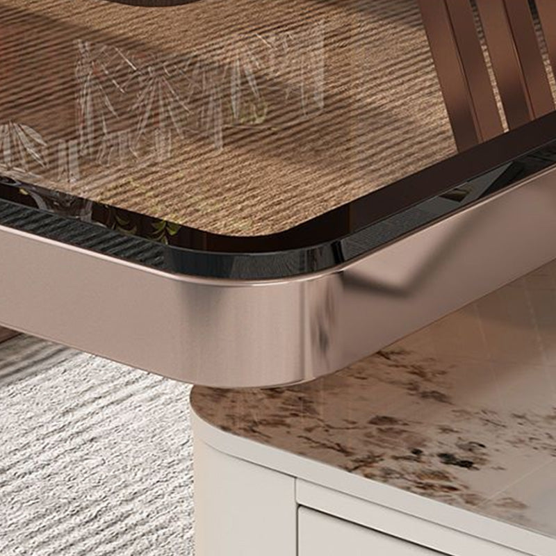 2 Nesting Coffee Table Set Slate & Glass Top Square Cocktail Table with Drawers