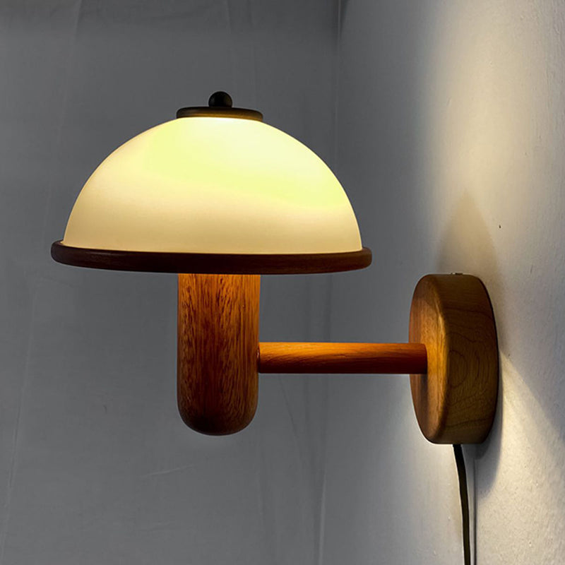 Modern Wood Wall Sconce Mushroom Shape Wall Light with Metal Shade for Living Room