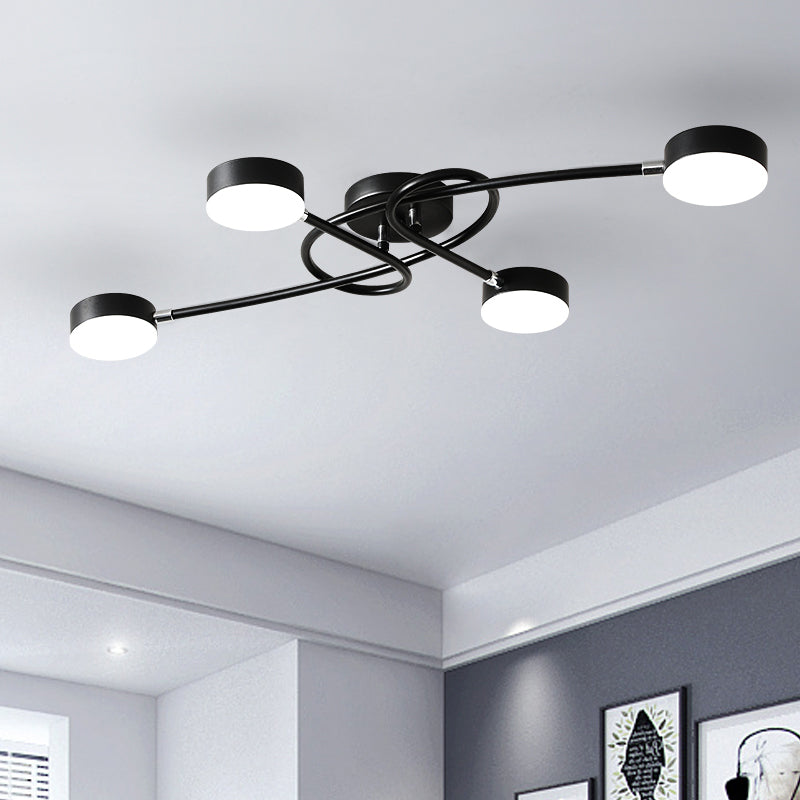 Drum Living Room Semi Flush Lighting Metal 4 Lights Modernist LED Close to Ceiling Lamp in Black with Twisted Arm