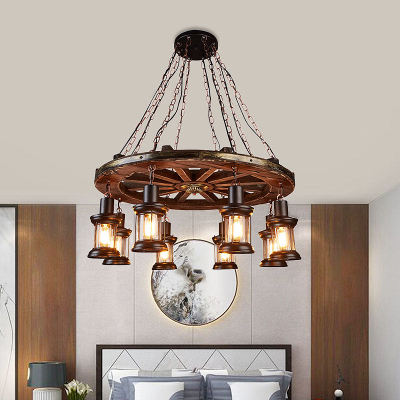 Kerosene Dining Room Hanging Chandelier Coastal Clear Glass 8 Lights Black Finish Ceiling Fixture with Wood Wheel Deco