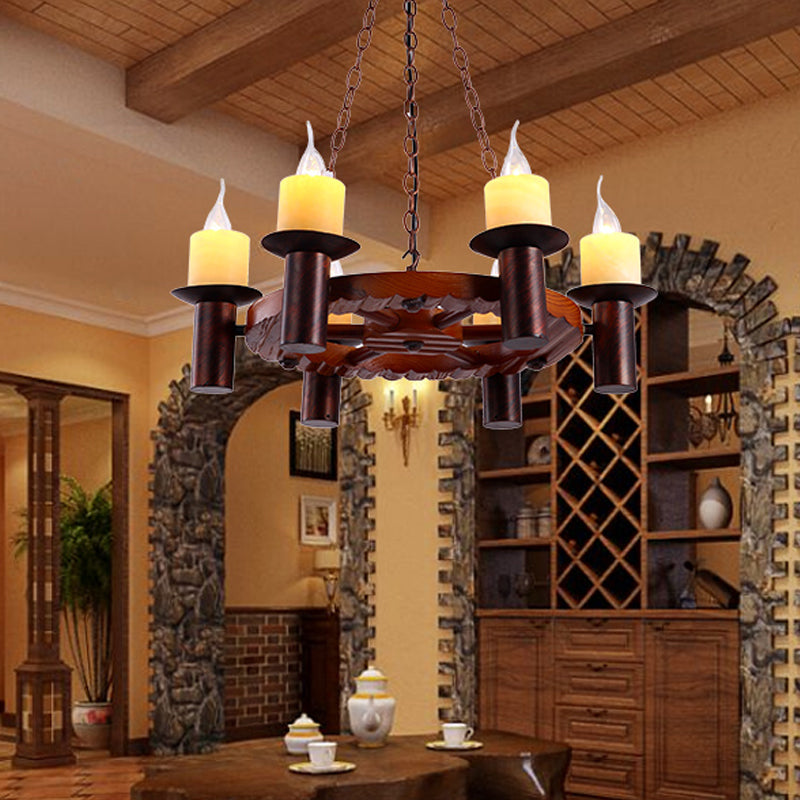 Wood Wheel Pendant Chandelier Farmhouse 6 Heads Living Room Hanging Light Kit in Brown with Candle Design