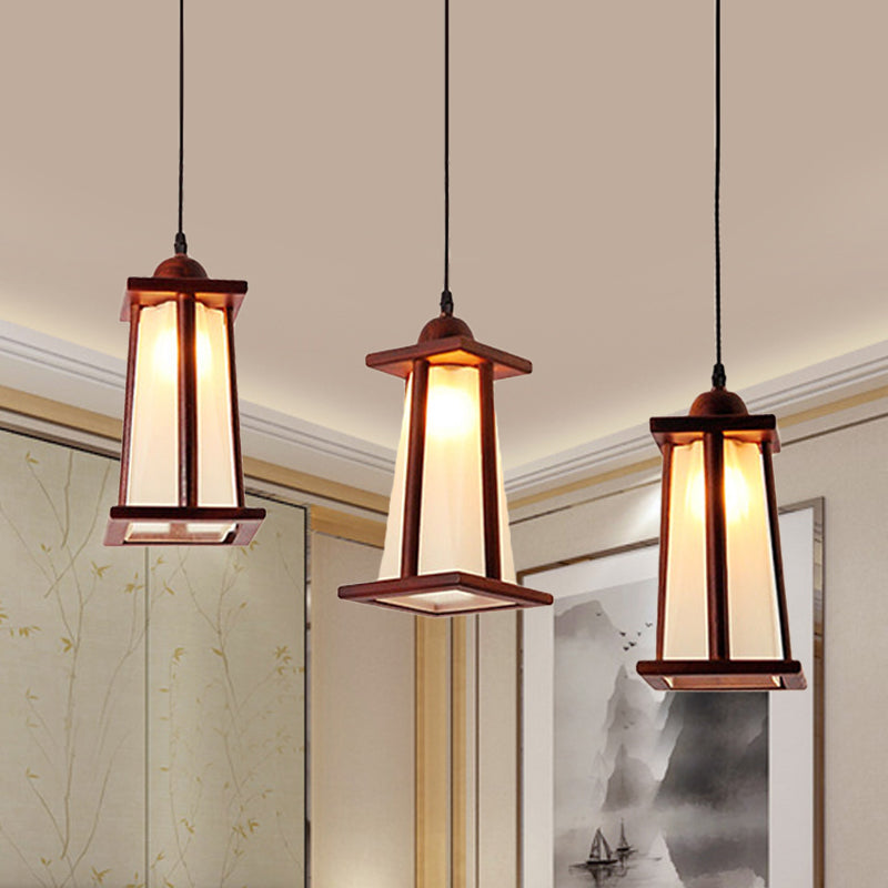 Wood 3 Lights Cluster Pendant Coastal Frosted Glass Trapezoid Hanging Ceiling Light with Linear/Triangle Canopy