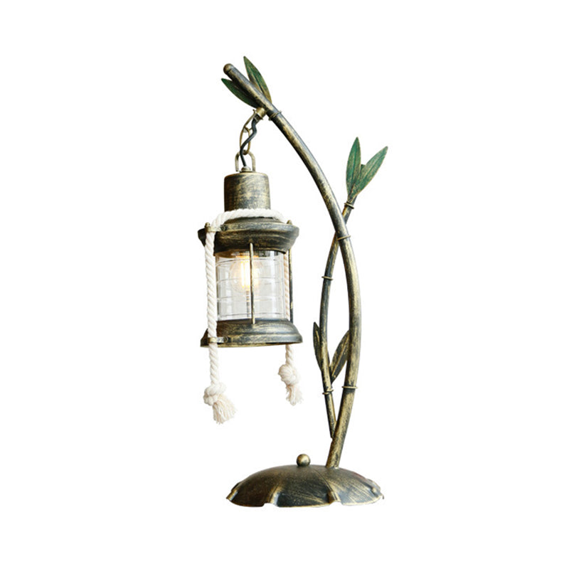 Lámpara de mesa de queroseno de vidrio transparente estilo granja 1 luz iluminación de escritorio de comedor en latón con decoración de bambú de metal