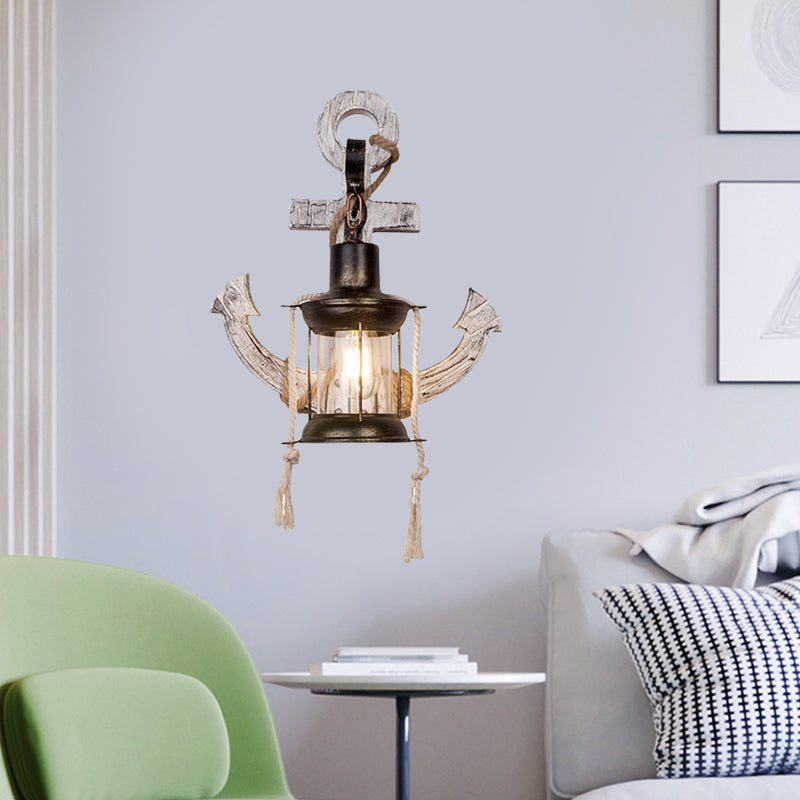 Clear Glass Black Wall Mounted Lamp Kerosene 1 Head Industrial Style Wall Lighting Ideas with Wood Anchor Backplate