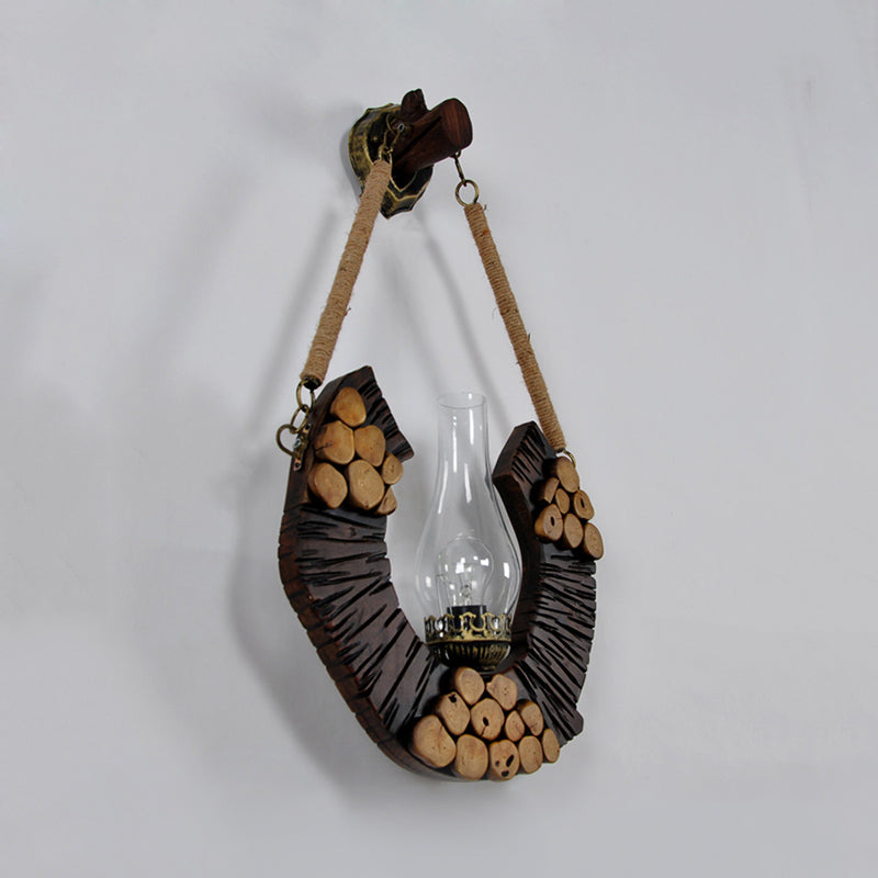 1 Ferme légère claire en verre clair à la ferme de couloir en vase marron lampe à applique avec conception en bois incurvé