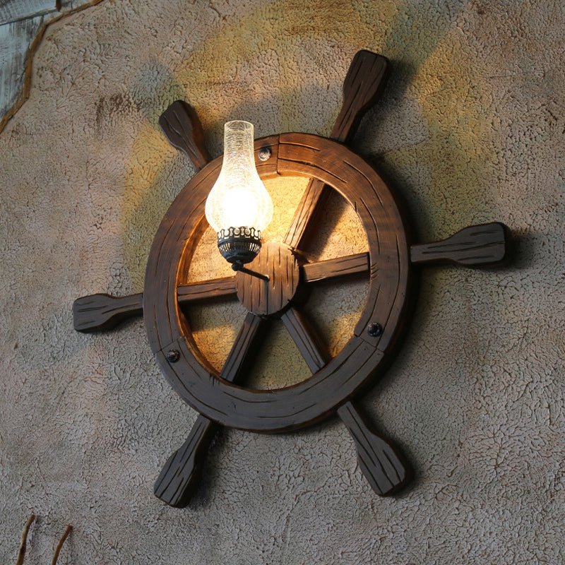 Black 1 Head Sconce Lamp Retro Amber Crackle Glass Vase Wall Light Sconce with Wood Rudder Deco