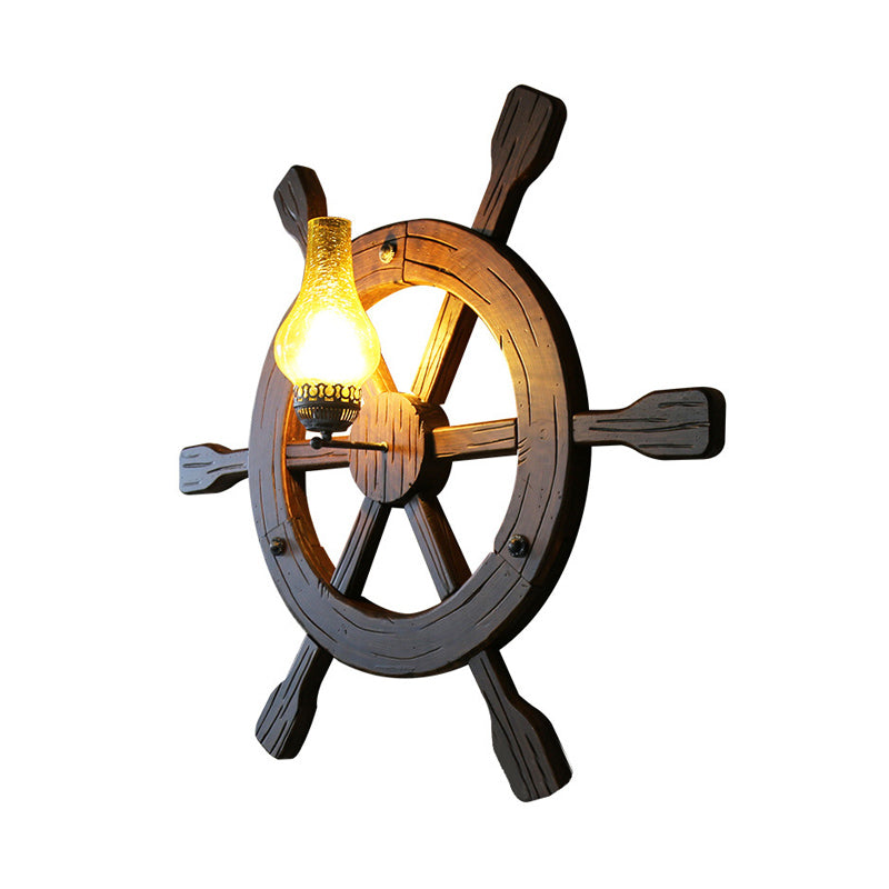 Black 1 Head Sconce Lamp Retro Amber Crackle Glass Vase Wall Light Sconce with Wood Rudder Deco