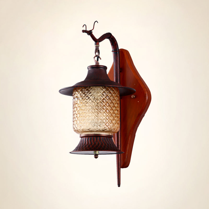 Lantern Living Room Sconce Light Fixture Vintage Tan Gird Glass 1-Light Copper Wall Lighting Fixture with Wood Backplate