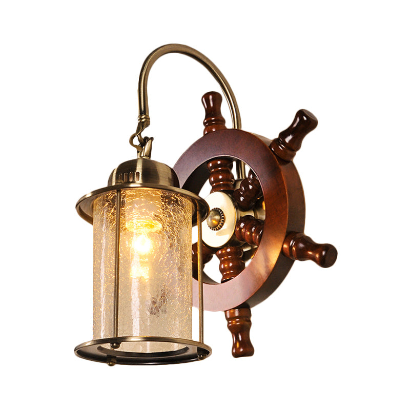 Cylinder Clear Crackle Glass Wall Lamp Sconce Farm 1 Light Living Room Wall Lighting in Gold with Wood Rudder Deco