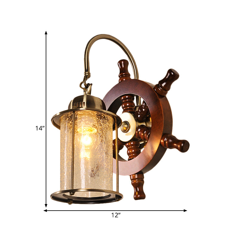 Cylinder Clear Crackle Glass Wall Lamp Sconce Farm 1 Light Living Room Wall Lighting in Gold with Wood Rudder Deco