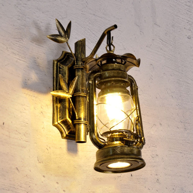 Industrial Lantern Sconce 1 Head Clear Glass Wall Mount Light Fixture in Bronze/Copper with Metal Bamboo Backplate