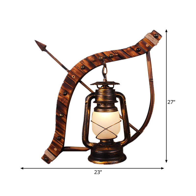Vintage Lantern Wall Lamp 1 Light Opal Glass Sconce Light Fixture in Bronze with Wood Bow and Arrow Deco