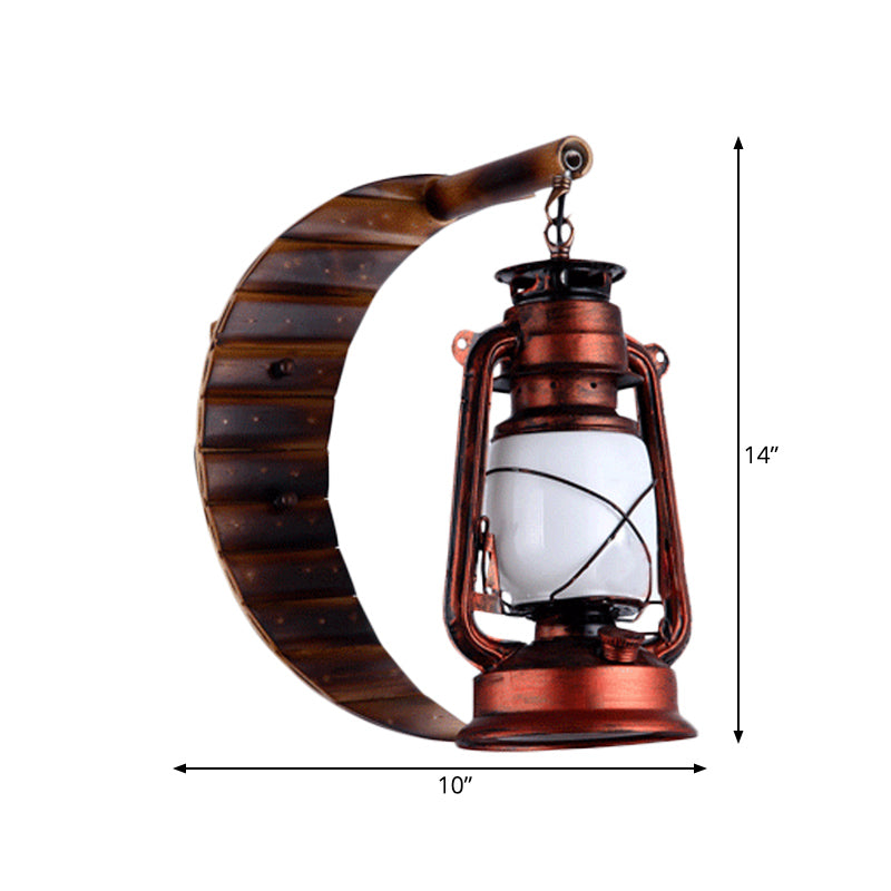 White Glass Copper Sconce Lamp Lantern 1 Light Coastal Style Wall Mounted Light with Bamboo Crescent Deco