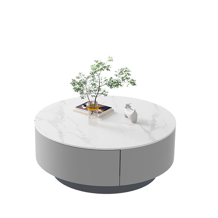 Drum Coffee Table Contemporary Stone Cocktail Table with 2 Storage Drawers