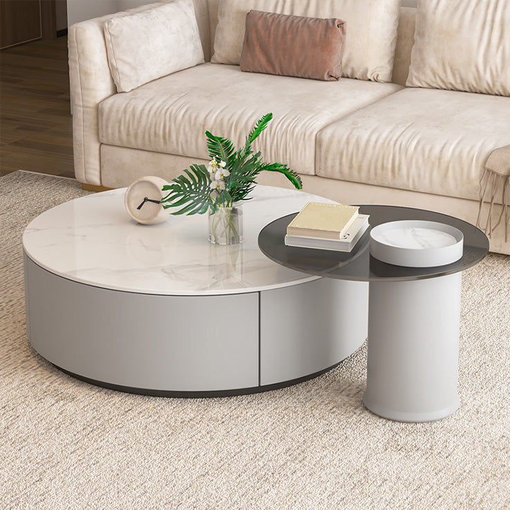Drum Coffee Table Contemporary Stone Cocktail Table with 2 Storage Drawers