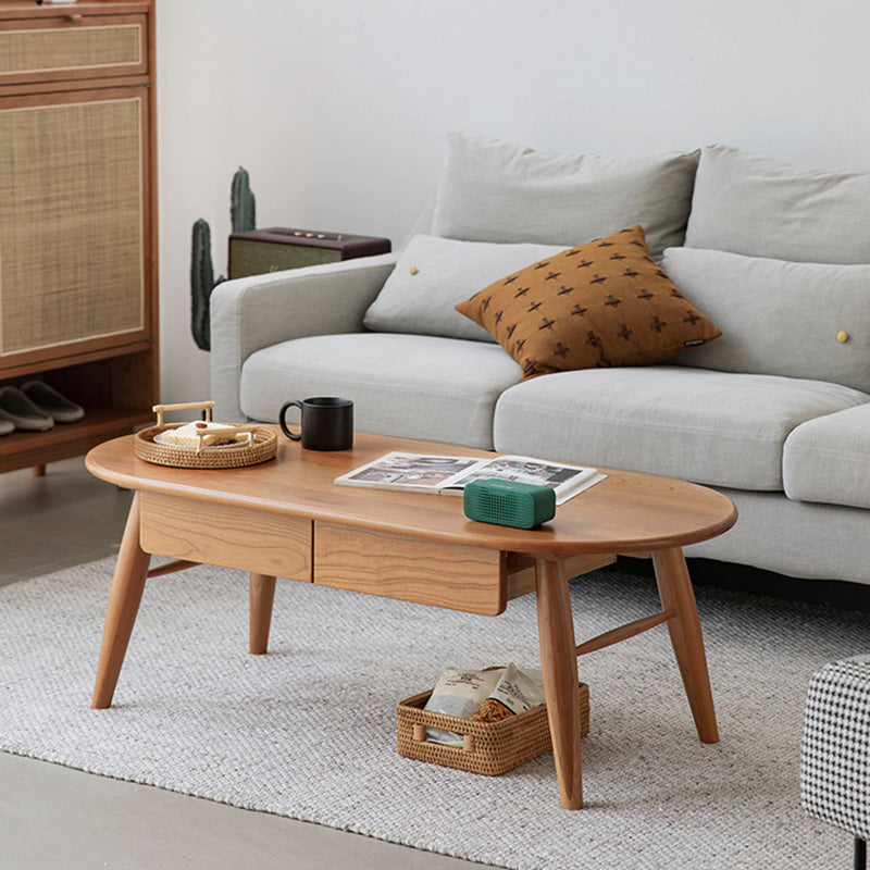 4 Legs Coffee Table Solid Wood Cocktail Table with 2 Storage Drawers