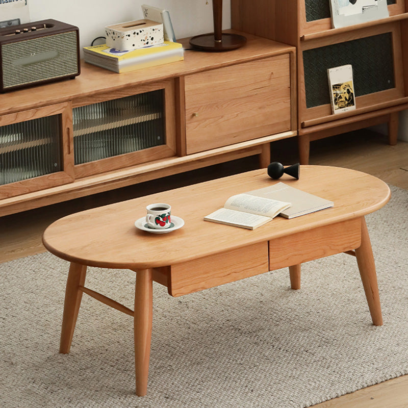 4 Legs Coffee Table Solid Wood Cocktail Table with 2 Storage Drawers