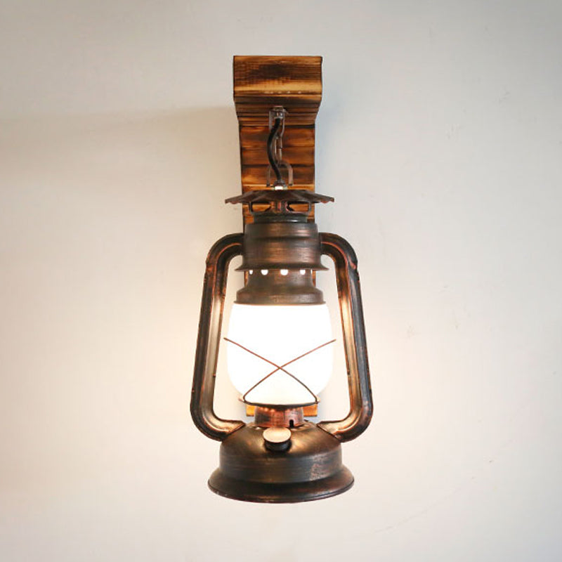 Accesorio de iluminación de pared de queroseno de cobre ópalo de ópalo de ópalo de 1 luces luz de aplano al aire libre con brazo de ángulo recto de bambú