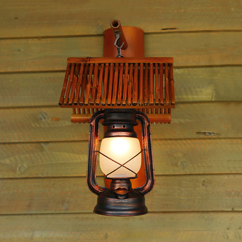 Copper 1 Light Wall Light Fixture Warehouse Frosted Glass Kerosene Sconce Lamp with Bamboo Roof Deco