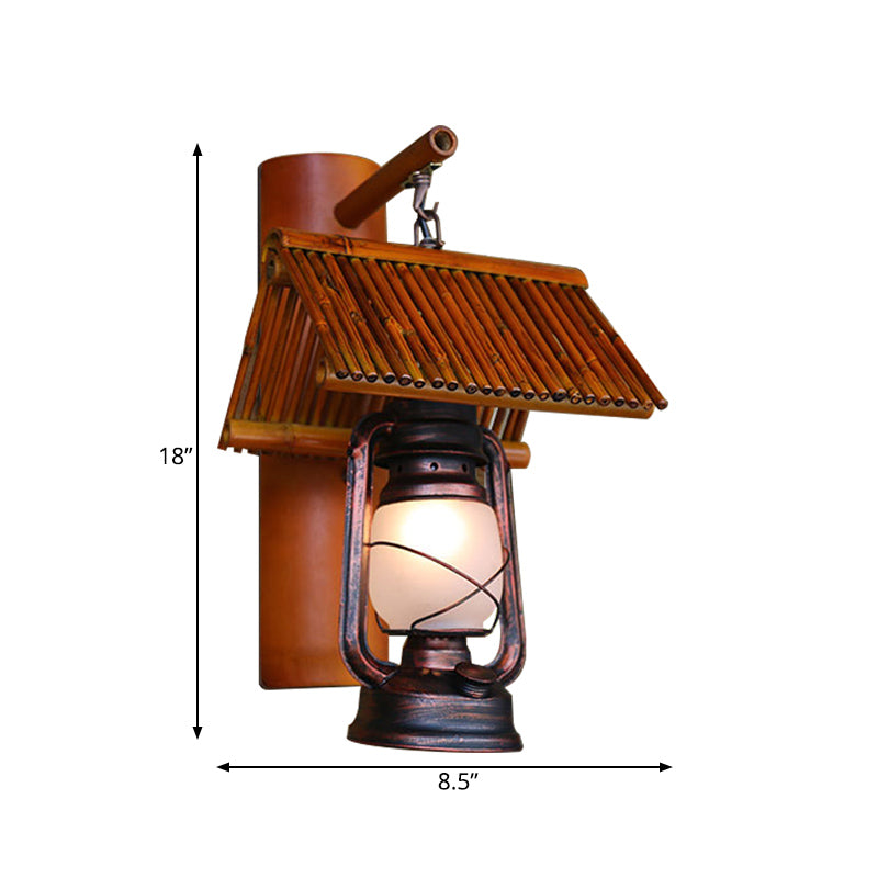 Copper 1 Light Wall Light Fixture Warehouse Frosted Glass Kerosene Sconce Lamp with Bamboo Roof Deco