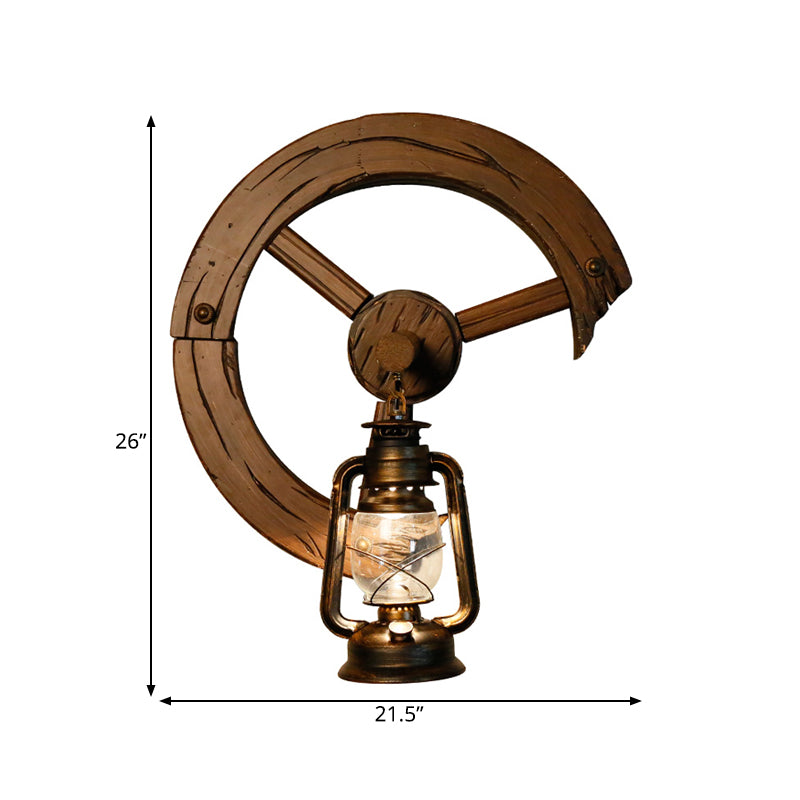 Clear Glass Kerosene Sconce Coastal 1 Light Bedroom Wall Mount Light Fixture in Brass with Wood Backplate